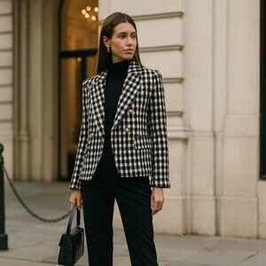 NWOT HYFVE Houndstooth Blazer Gold Hardware Long Sleeves Luxury Look B&W Small